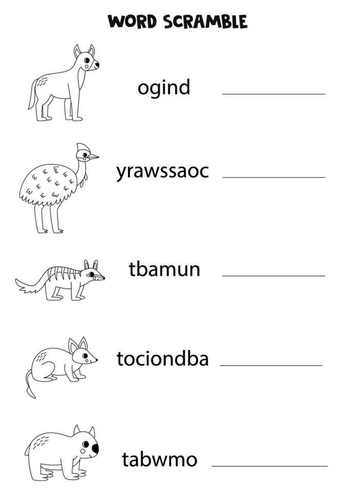 Puzzle for kids. Word scramble for children. Black and white  Australian animals. vector