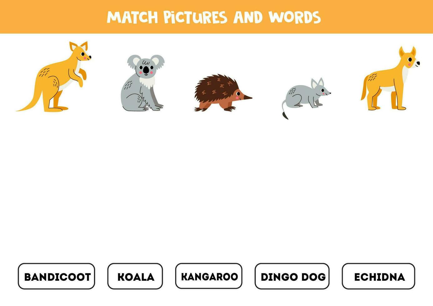 partido imágenes y palabras. lógico rompecabezas para niños. australiano animales vector