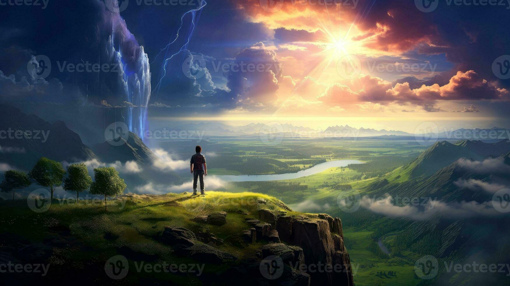 Human watching spectacular view of mists,  Aerial view White clouds in sky. Aerial top view cloud scape, Generative AI illustration photo