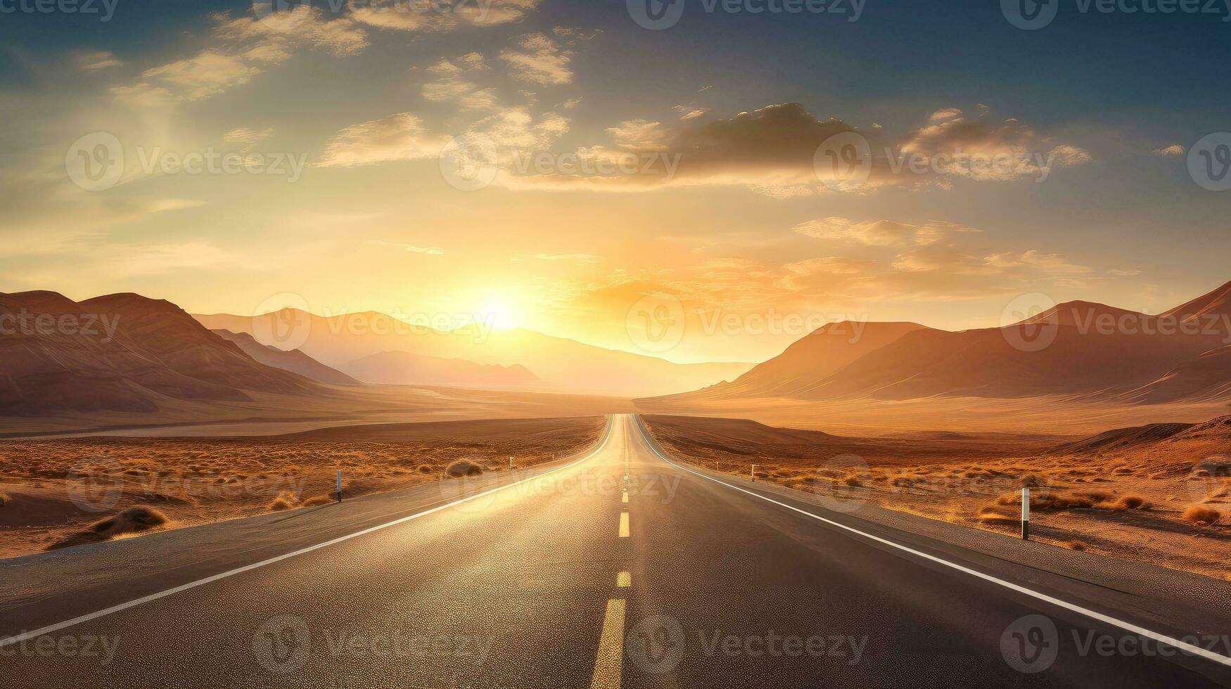 Landscape with country road, empty asphalt road on sunset background. Multicolor vibrant outdoors horizontal image, Generative AI illustration photo