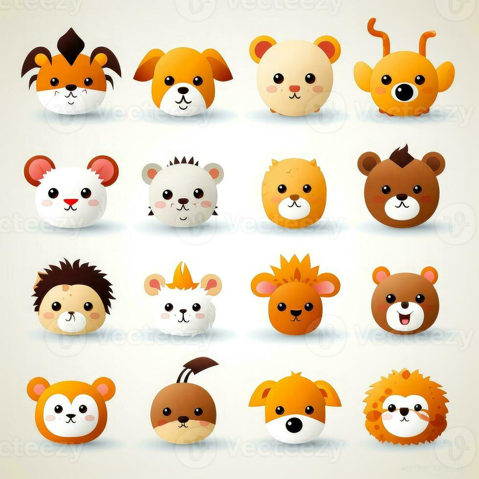 conjunto de animal caras, cara emojis, pegatinas, emoticones, dibujos animados gracioso mascota caracteres cara colocar, generativo ai ilustración foto