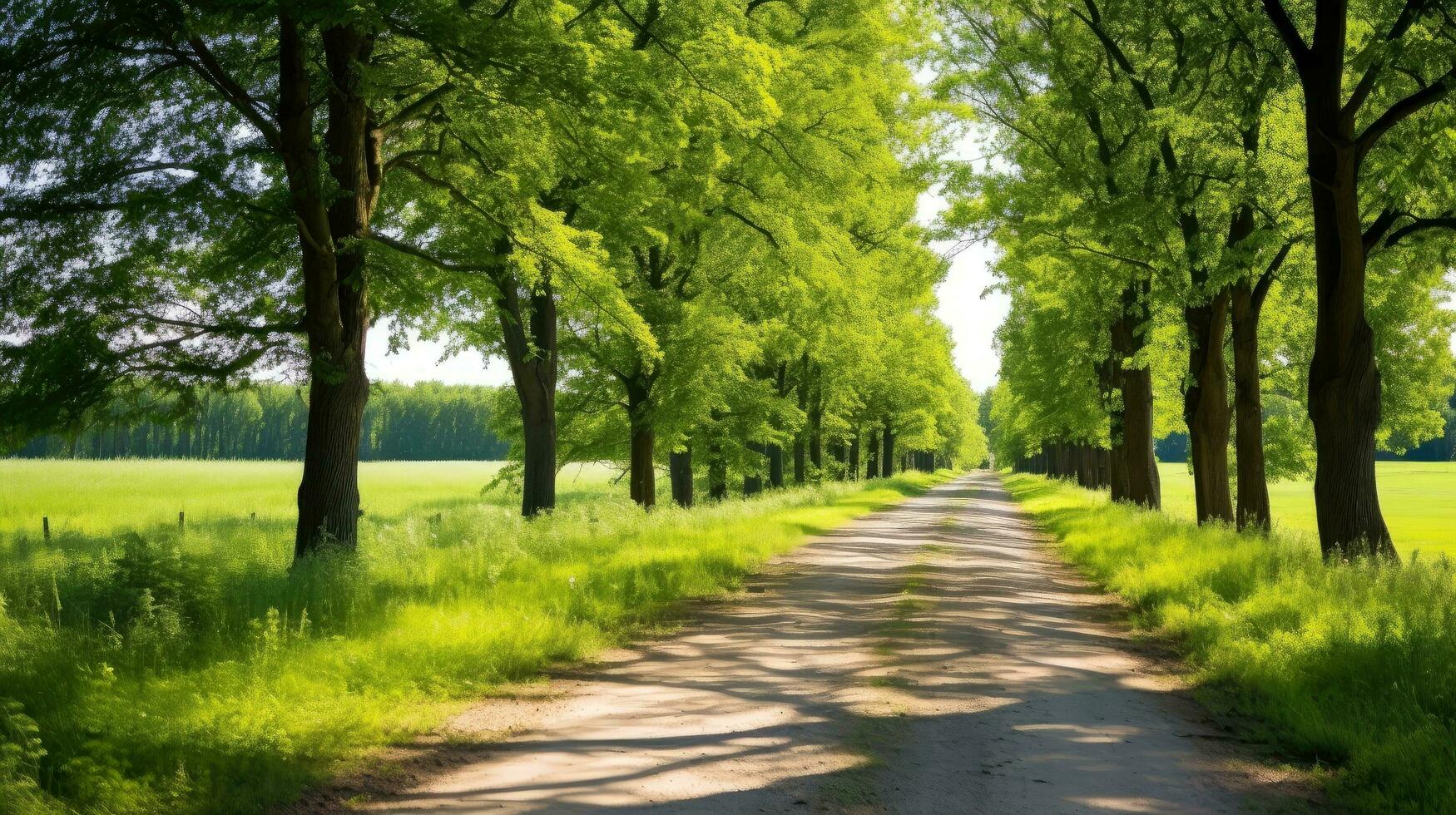 camino camino mediante el otoñal bosque natural forma, la carretera a el tropical bosque campo, relajante con ecológico ambiente, libertad estilo de vida concepto, generativo ai ilustración foto