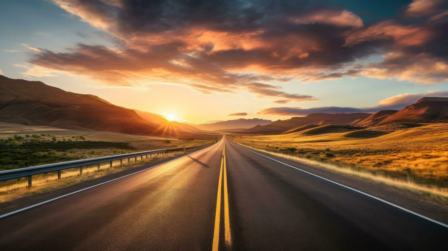 Landscape with country road, empty asphalt road on sunset background. Multicolor vibrant outdoors horizontal image, Generative AI illustration photo