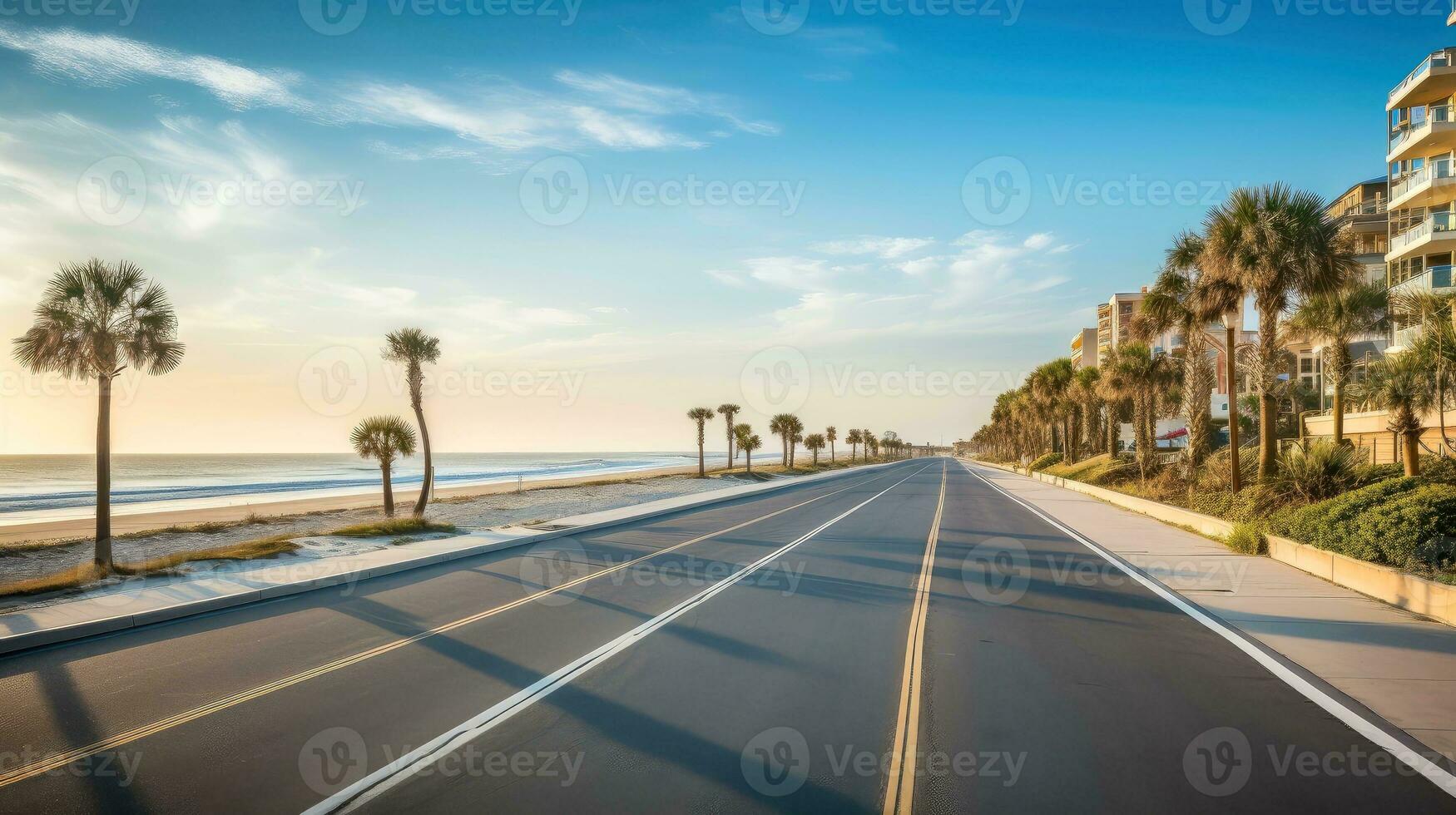 Empty asphalt road beside the sea background, highway beside the sea, outdoors horizontal image, Generative AI illustration photo