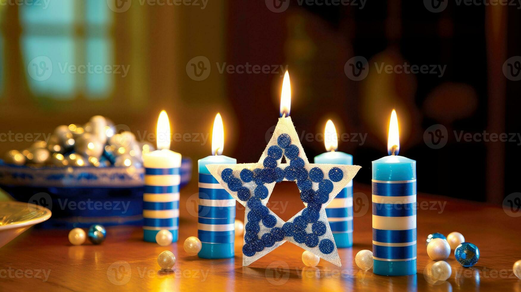 Hanukkah festive celebration concept, glow of the menorah with shining candles and star, Generative AI illustration photo