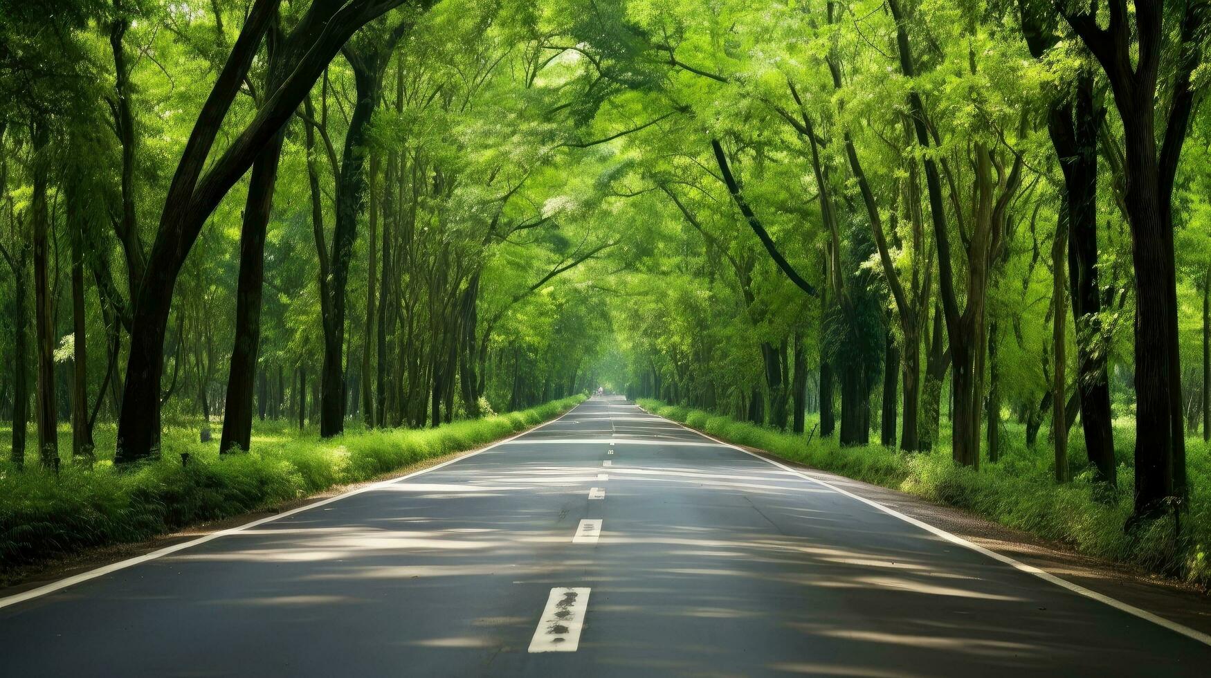 camino camino mediante el otoñal bosque natural forma, la carretera a el tropical bosque campo, relajante con ecológico ambiente, libertad estilo de vida concepto, generativo ai ilustración foto