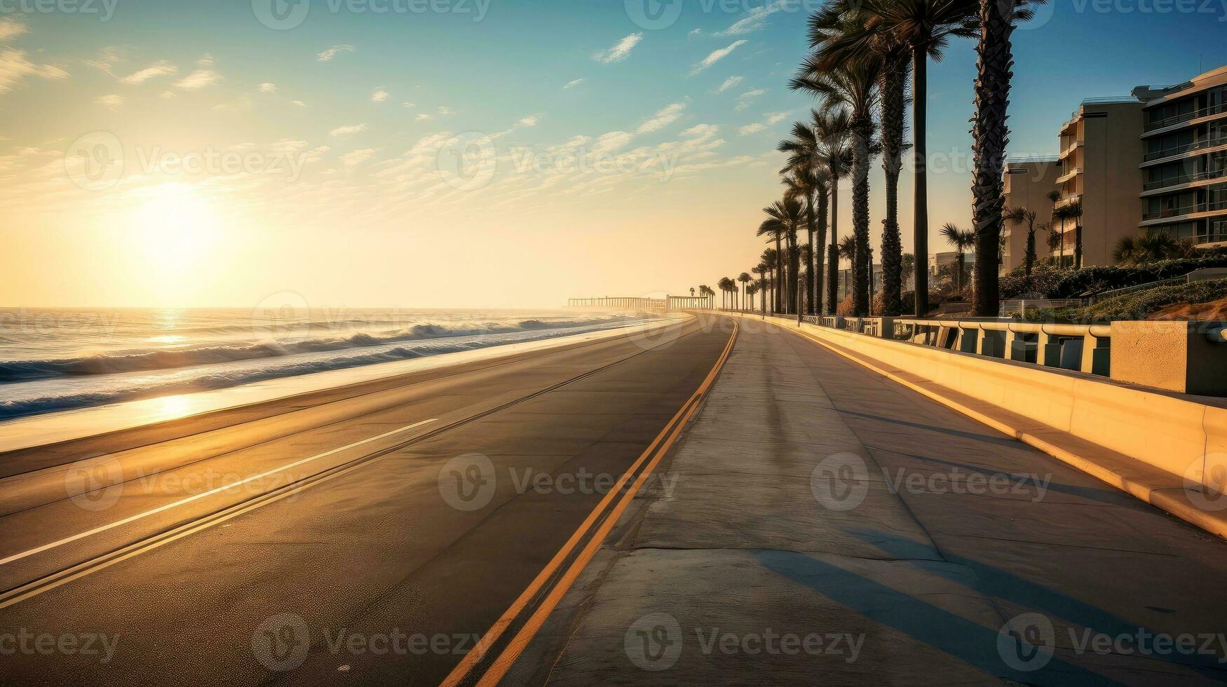 Empty asphalt road beside the sea background, highway beside the sea, outdoors horizontal image, Generative AI illustration photo