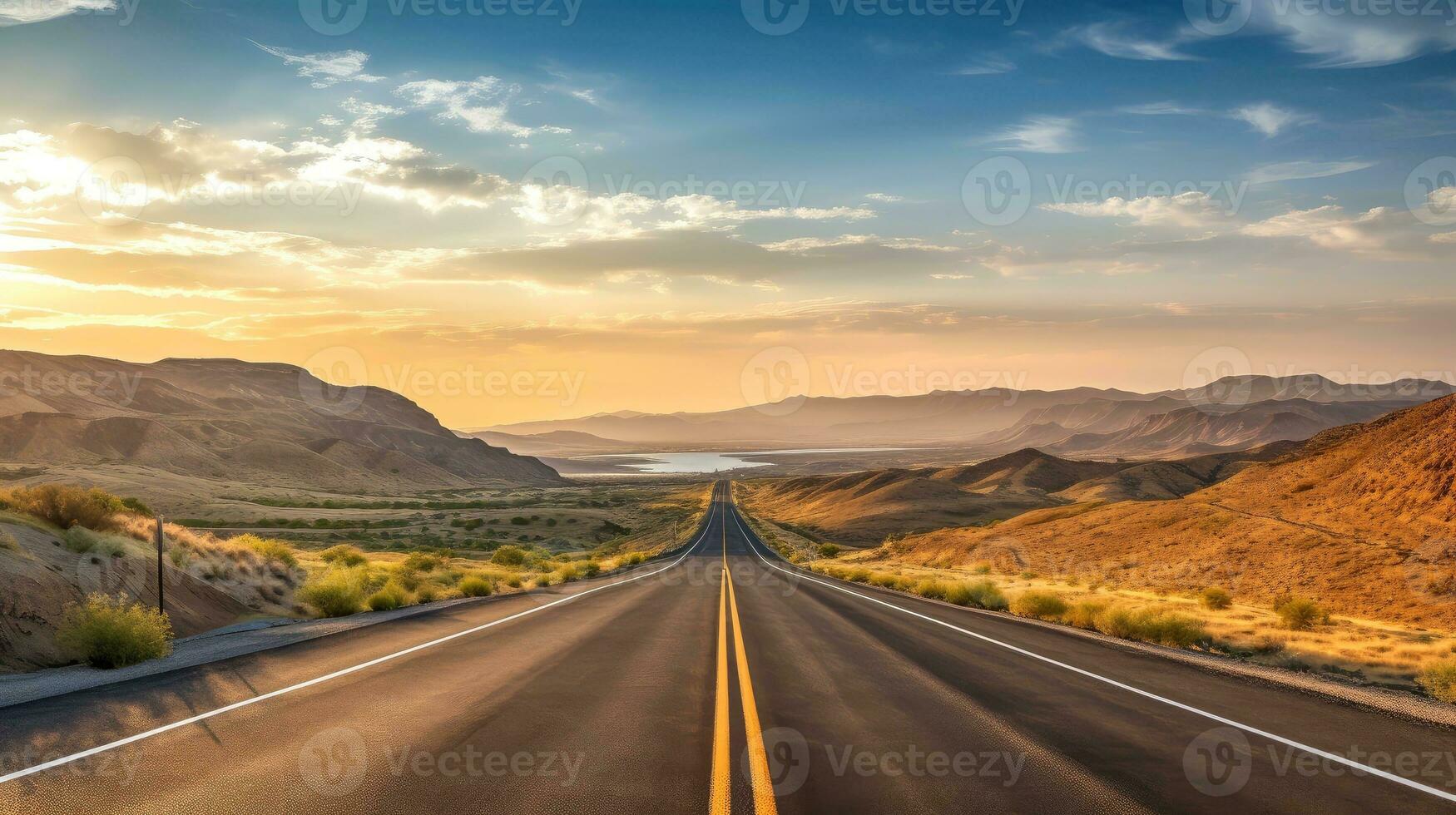 Landscape with country road, empty asphalt road on sunset background. Multicolor vibrant outdoors horizontal image, Generative AI illustration photo