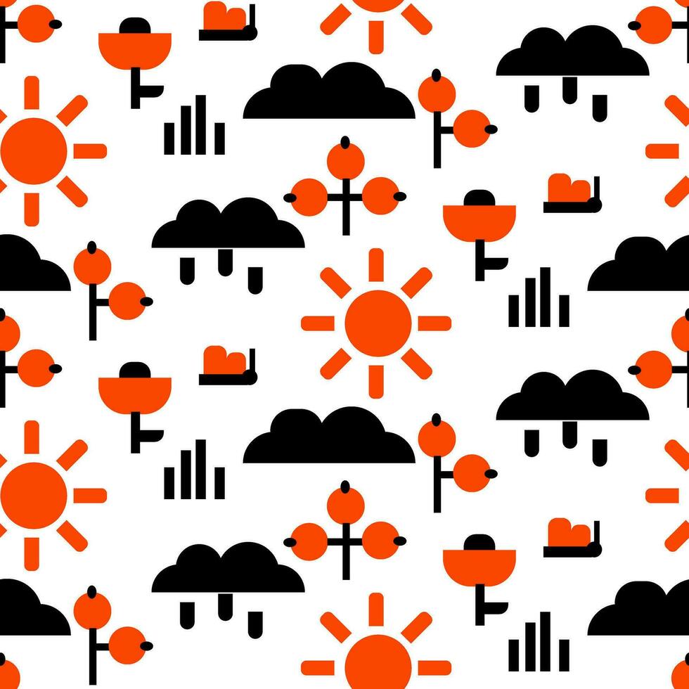 Summer pattern with geometric flat objects. Vector seamless pattern with a summer mood. Geometric symbols of the spring theme sun, clouds, berries, butterflies, grass, rain, flowers. Minimalistic