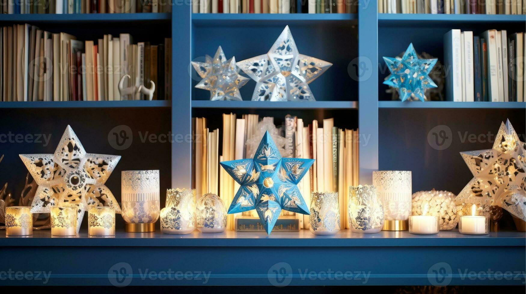 Hanukkah festive celebration concept, glow of the menorah with shining candles and star, Generative AI illustration photo