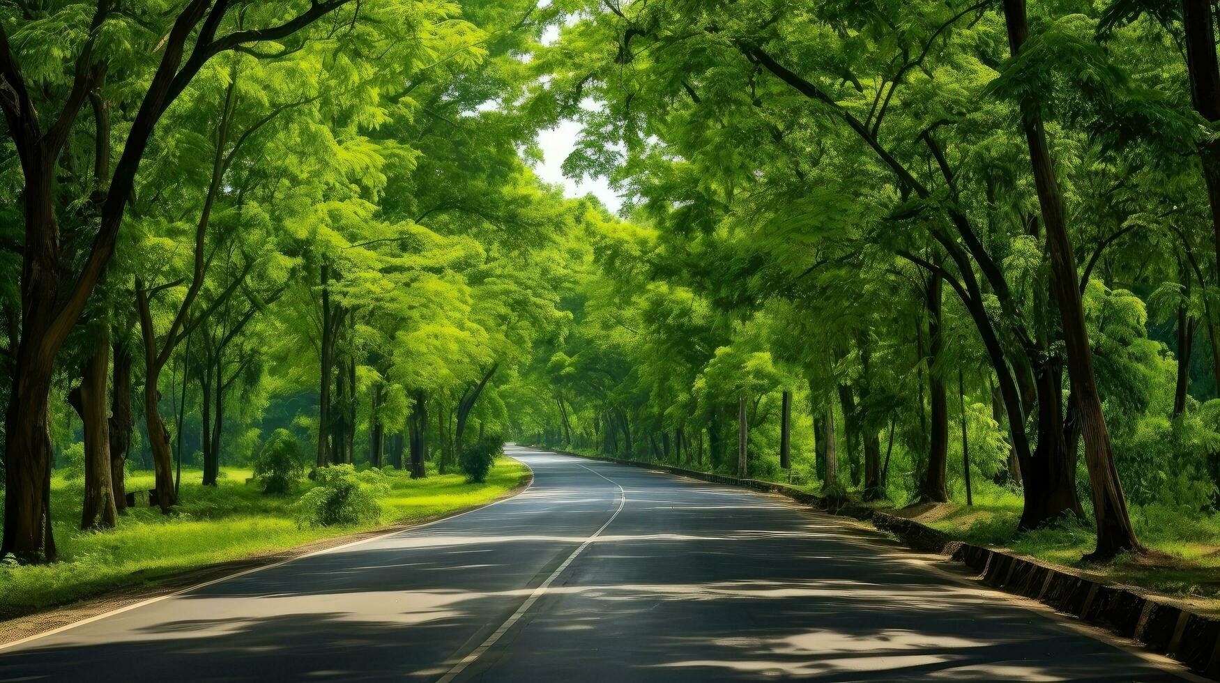 camino camino mediante el otoñal bosque natural forma, la carretera a el tropical bosque campo, relajante con ecológico ambiente, libertad estilo de vida concepto, generativo ai ilustración foto