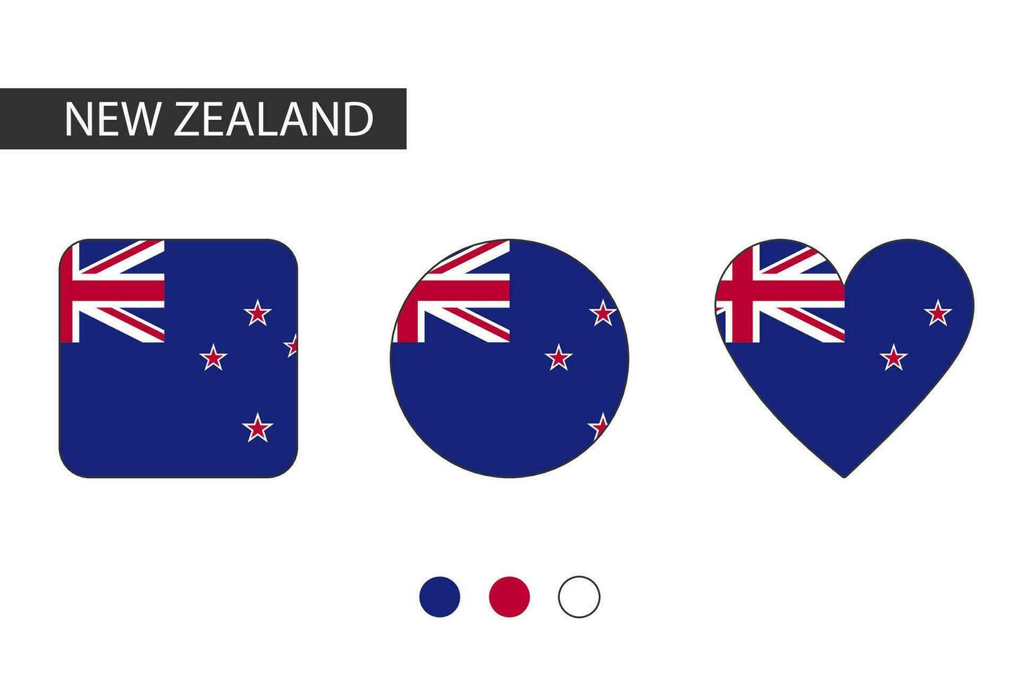 New Zealand 3 shapes square, circle, heart with city flag. Isolated on white background. vector