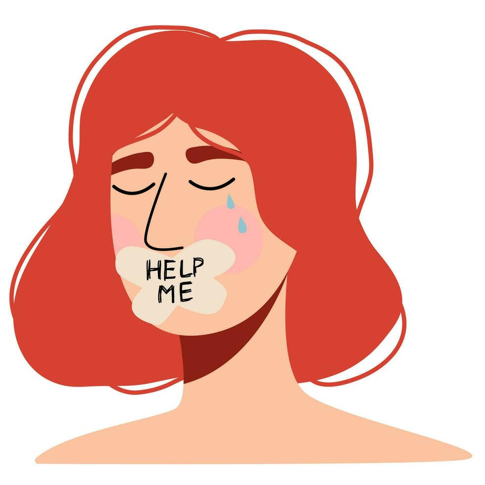 Crying woman asking for help. Hand drawn flat international day for the elimination of violence against women. vector