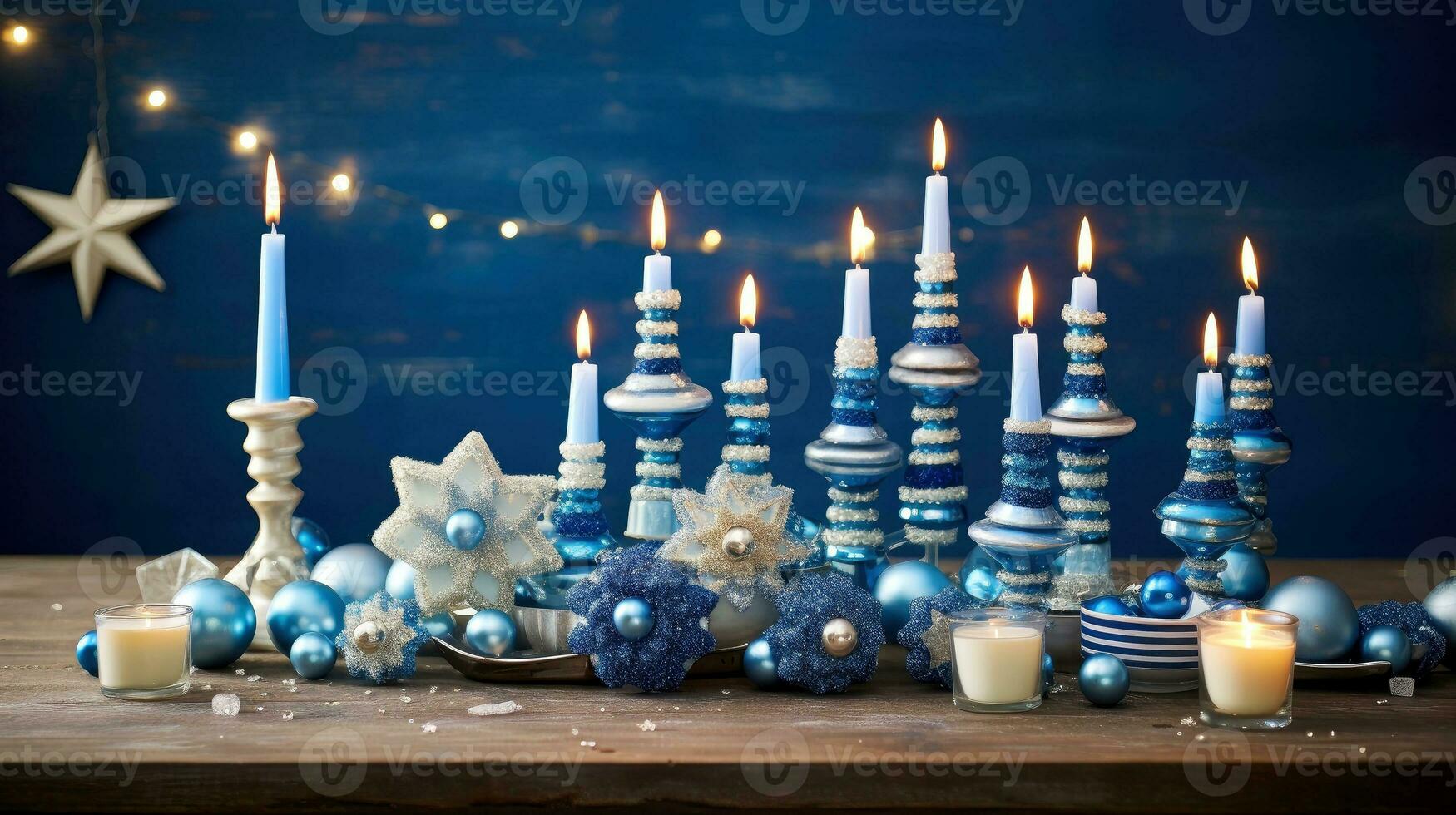 Hanukkah festive celebration concept, glow of the menorah with shining candles and star, Generative AI illustration photo