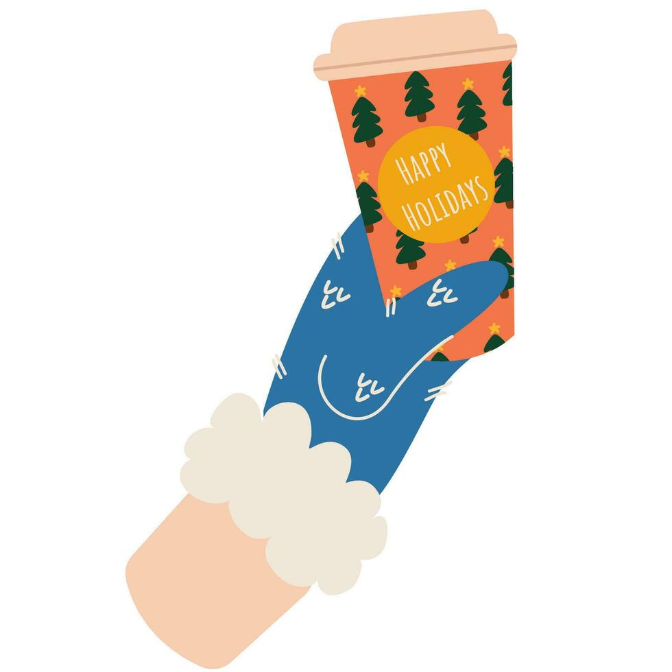 Coffee cups with christmas tree isolated on white background. A hand in mittens holds a cup of coffee. Cup with Christmas design. Hello Winter seasonal concept. vector