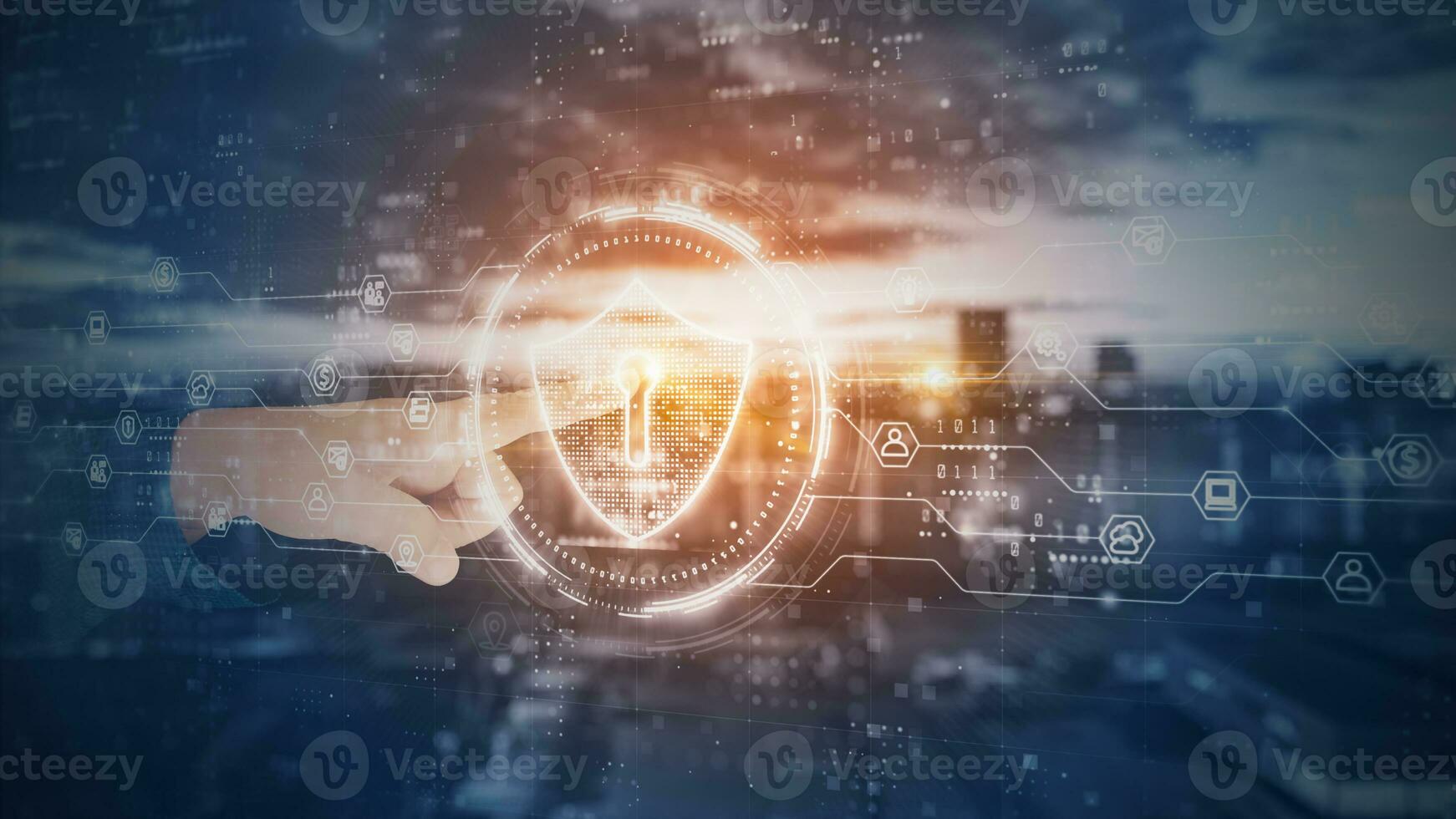 Hands touch Shield of Cyber Security Digital Data, Technology Global Network Digital Data Protection, Future Background Concept. 3D Rendering photo