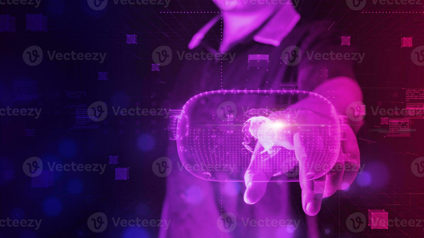 Businessman touches  VR Virtual Reality Glasses Metaverse Sports Game 3D Cyberspace Futuristic Background, Future Digital Technology Entertainment Abstract Background photo