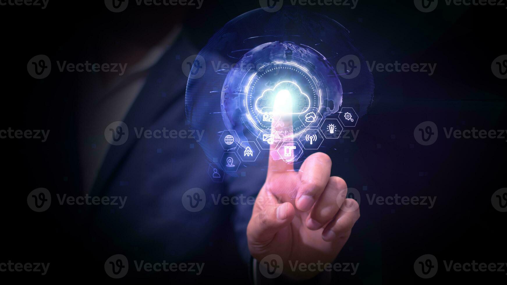 Businessman touching infographic cloud computing, Cyber Security, Digital Data Protection, Future Technology Digital Data Network Connection Concept, Technology Abstract Background photo