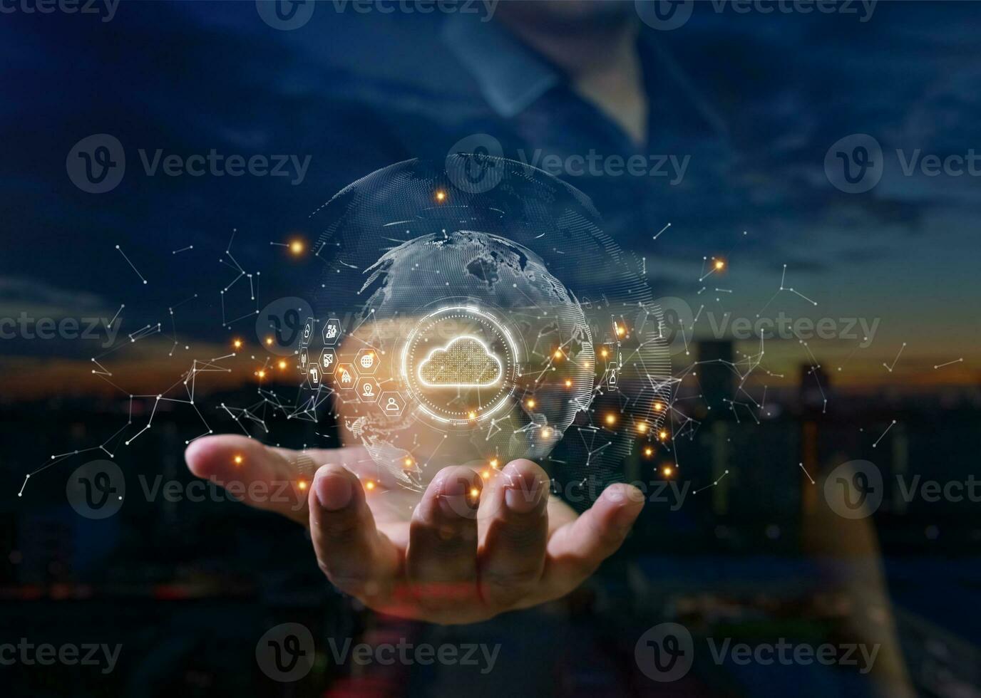 Digital cloud computing in hands of cyber security, Digital Data Network Protection, Technology global network big data analysis background concept photo