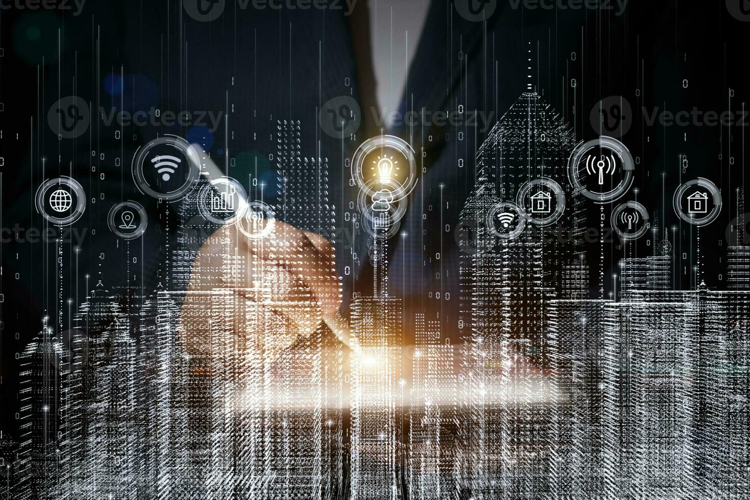 Use tablet, Smart city with technology network connecting. Internet of things and social media connection. Technology 5G and digital data connection. Future background concept. photo