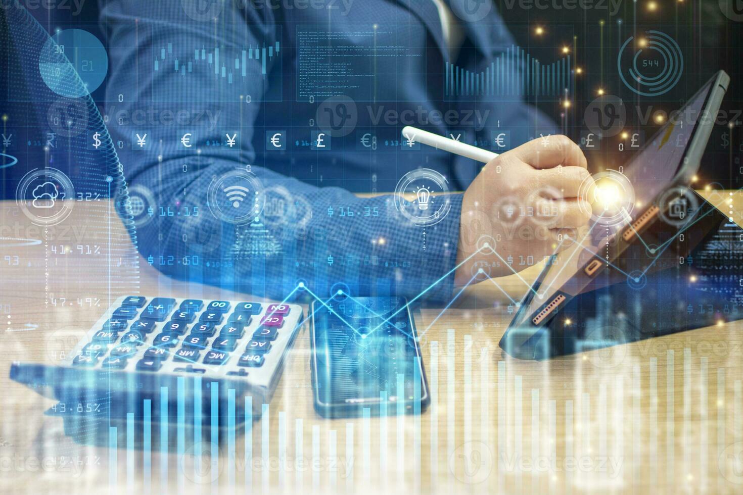 Businessman using the tablet. Data analytics report and key performance indicators on information dashboard for Business strategy, Stock market indicator, and financial investment photo