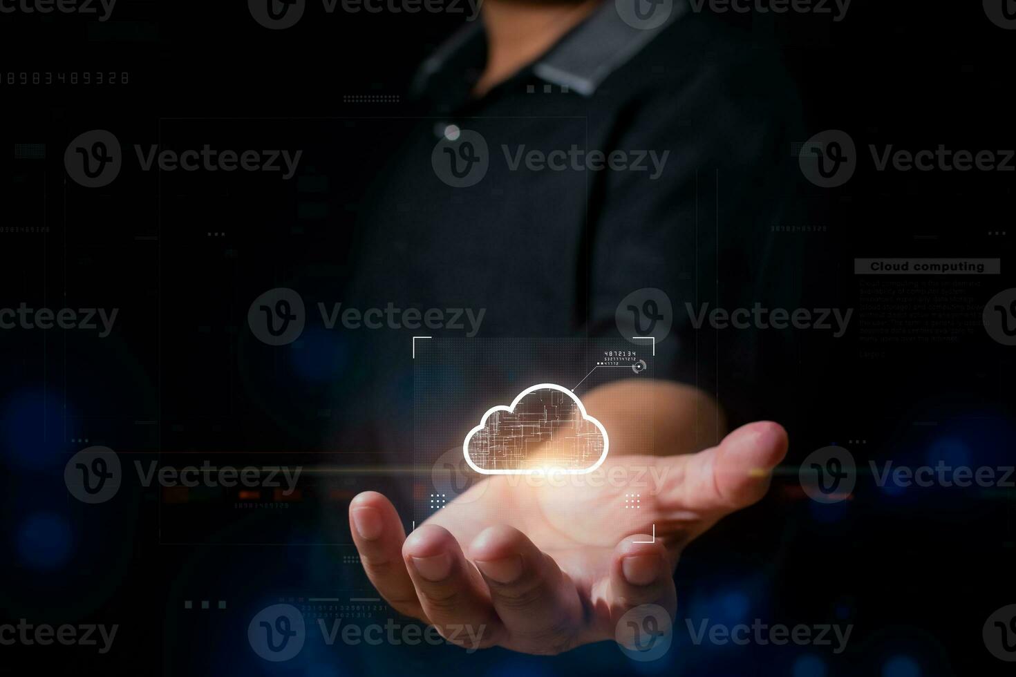 Businessman showing Cloud computing Concept. Futuristic Technology Digital Data Analysis. Big Data Transmission Connection Abstract Background photo