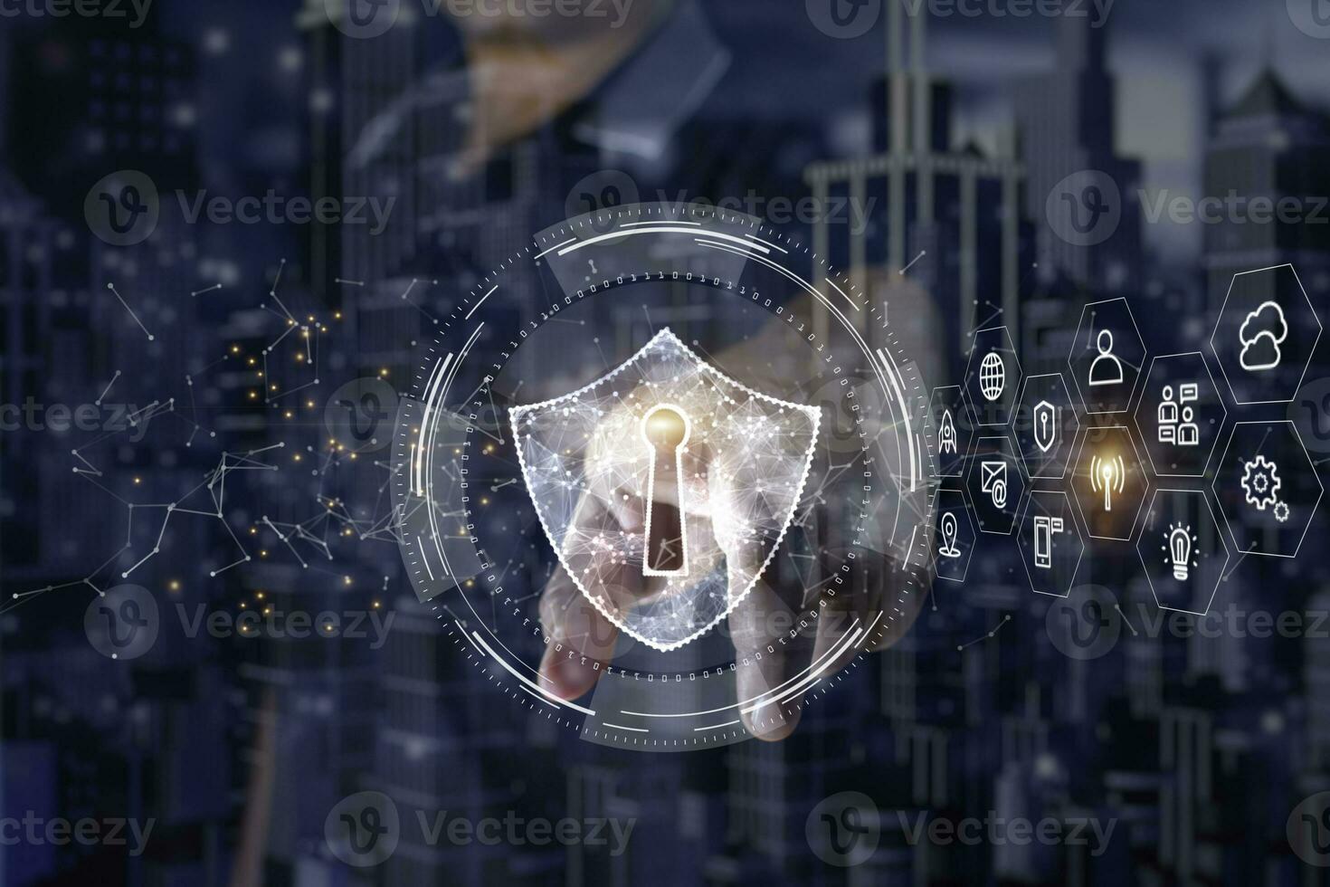 Finger touch shield Icon and HUD of cyber security in smart city, Digital Data Network Protection, Technology global network big data analysis background concept photo