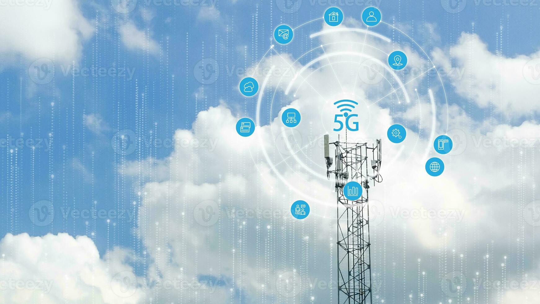 Double Exposure of Telecommunication tower of 4G and 5G cellular. Wireless Communication Antenna Transmitter, Technology Background. photo