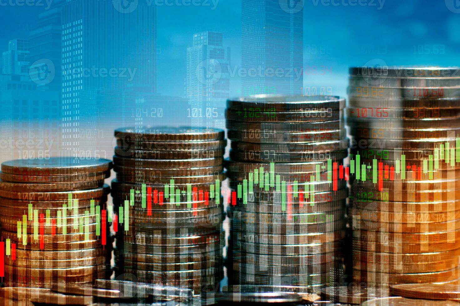 Double exposure of stack of money coin with trading graph for finance investor. Cryptocurrency digital economy. Financial investment and city background concept. photo