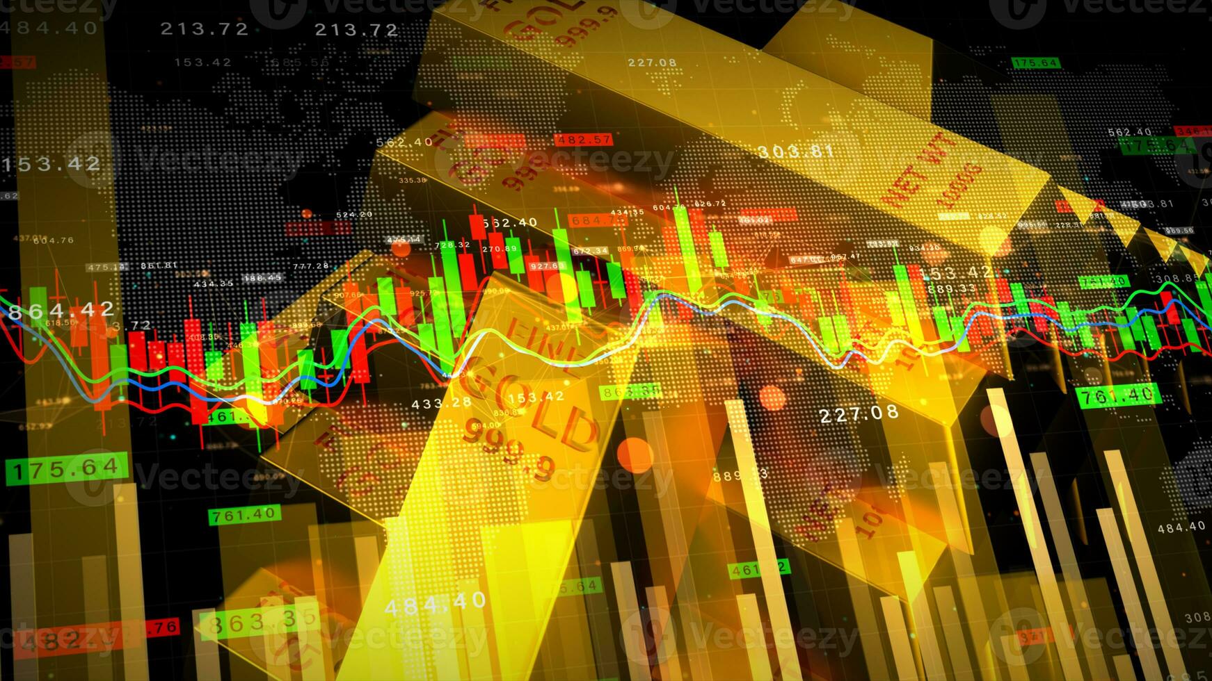 Gold with graph chart stock exchange gold investment, Global finance and gold investment strategy competition, Investment security data analytics technology abstract background. 3D rendering photo