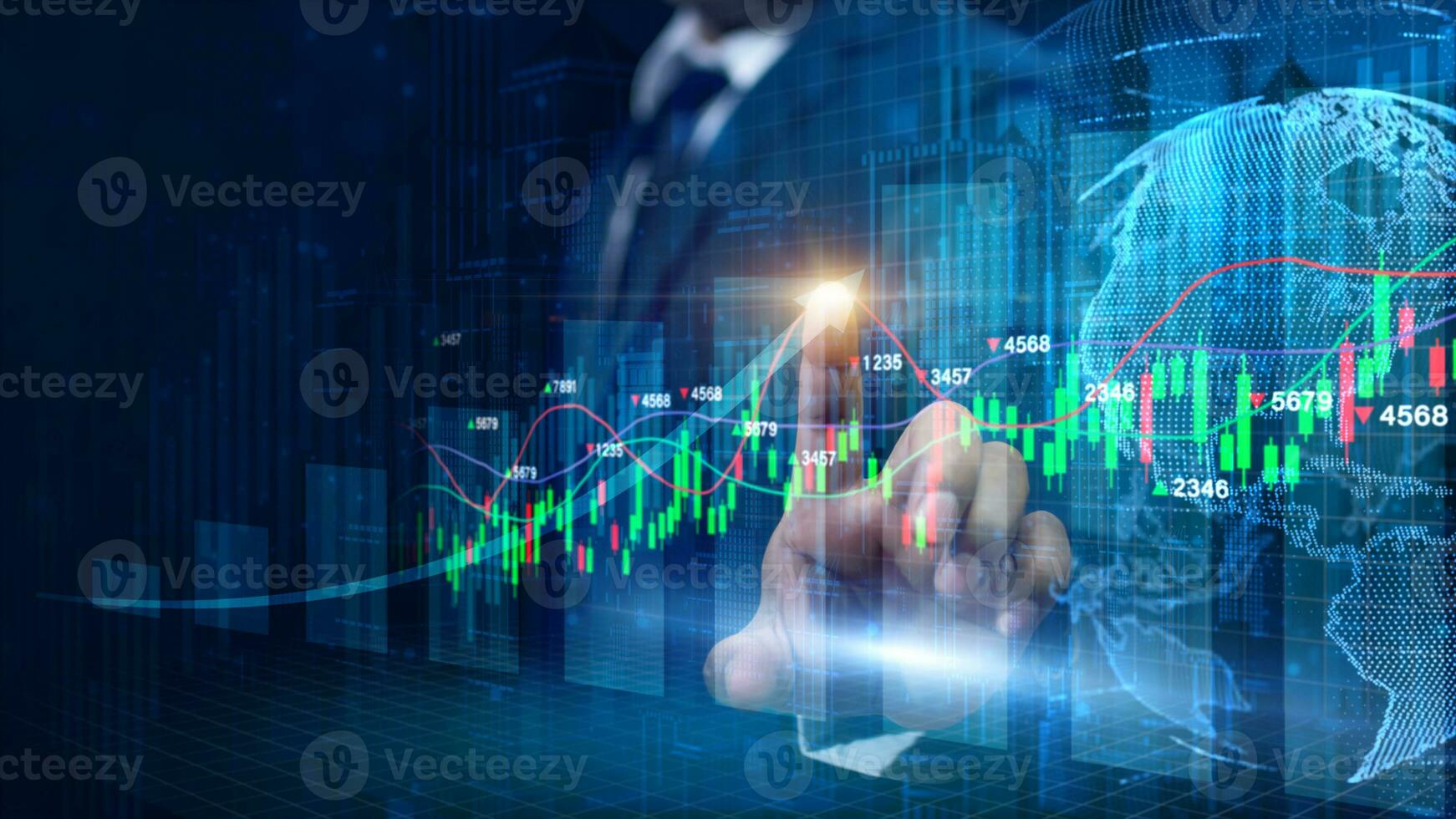 Double exposure of  Businessman touches up arrow with a trading graph candlestick, Global finance investors. Cryptocurrency digital economy.  Financial investment background concept. photo