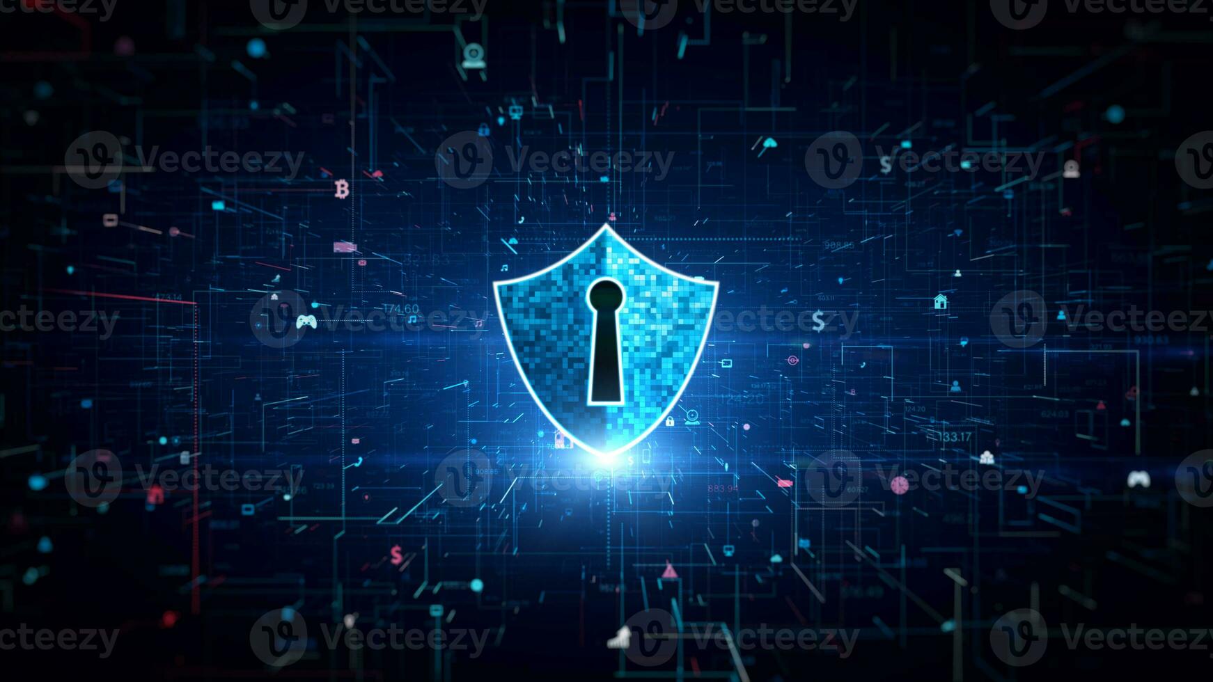Blue Shield Icon Cyber Security, Digital Data Network Protection, Future Technology Digital Data Network Connection Matrix Abstract Background Concept. 3d rendering photo
