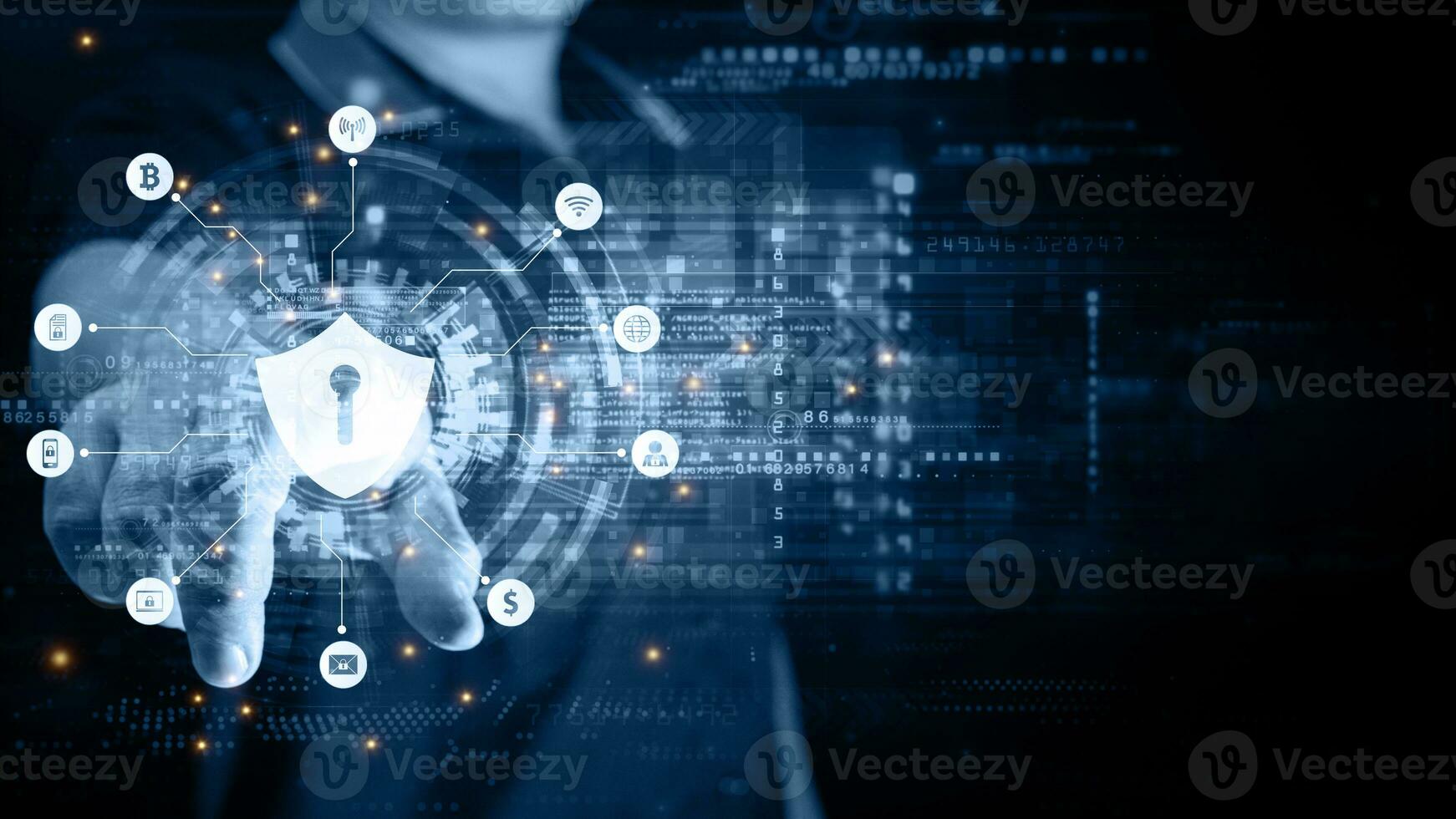 Double exposure of  Businessman touches shield Icon and HUD of cyber security Digital Data Network Protection, Technology global network big data analysis background photo