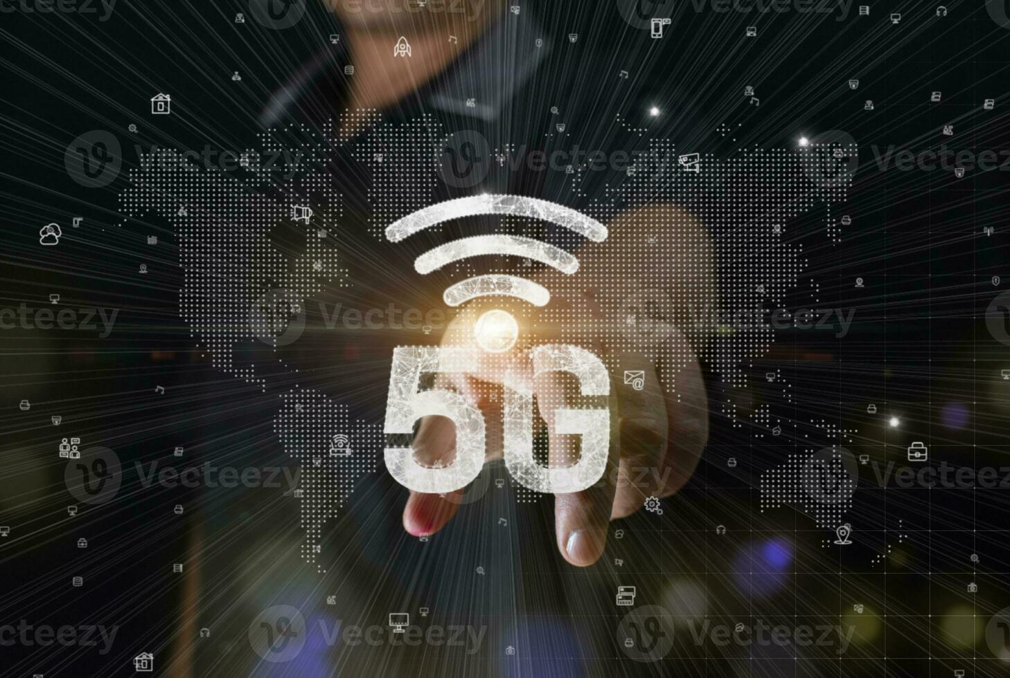 Man touches icon 5g high speed internet concept, Technology digital data network big data connection background concept. Double exposure photo