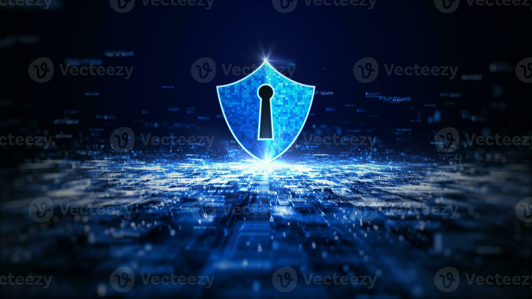 Blue Shield Icon Cyber Security, Digital Data Network Protection, Future Technology Digital Data Network Connection Abstract Background Concept. 3D rendering photo