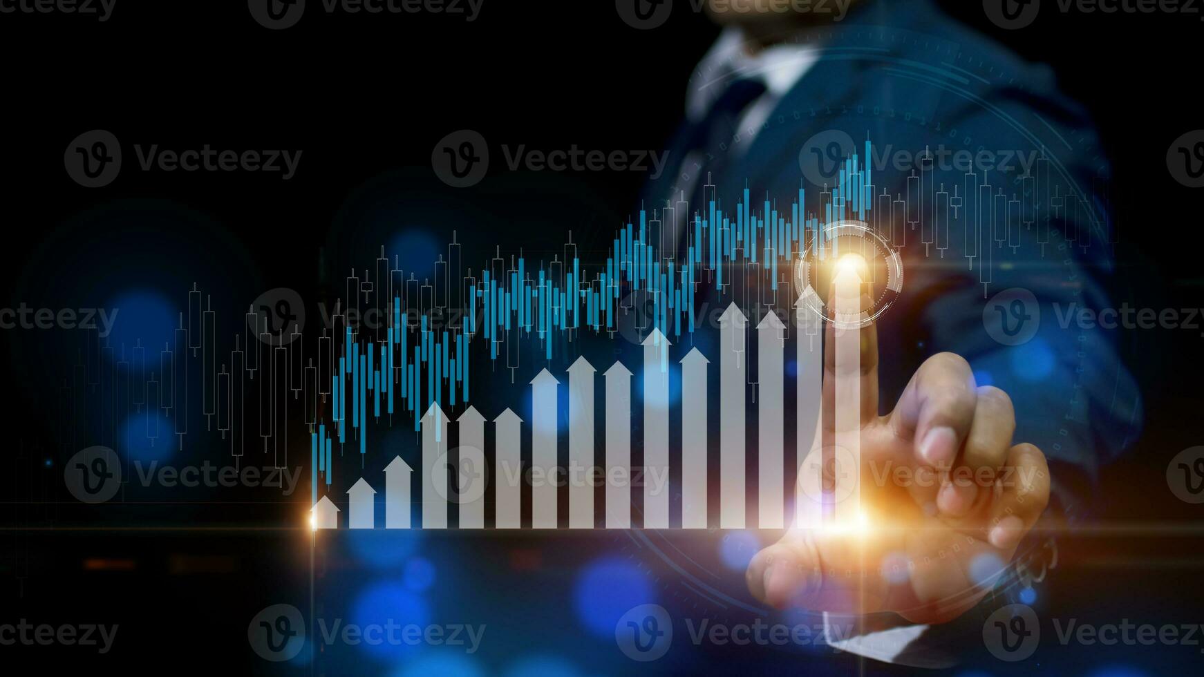 Double exposure of  Businessman touches up arrow with a trading graph candlestick, Global finance investors. Cryptocurrency digital economy.  Financial investment background concept. photo