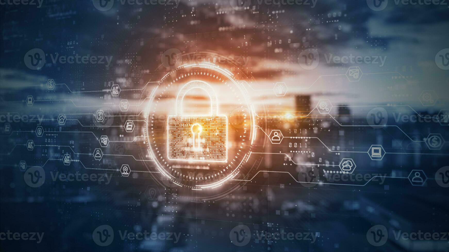 Padlock of Cyber Security Digital Data, Technology Global Network Digital Data Protection, Future Background Concept. 3D Rendering photo