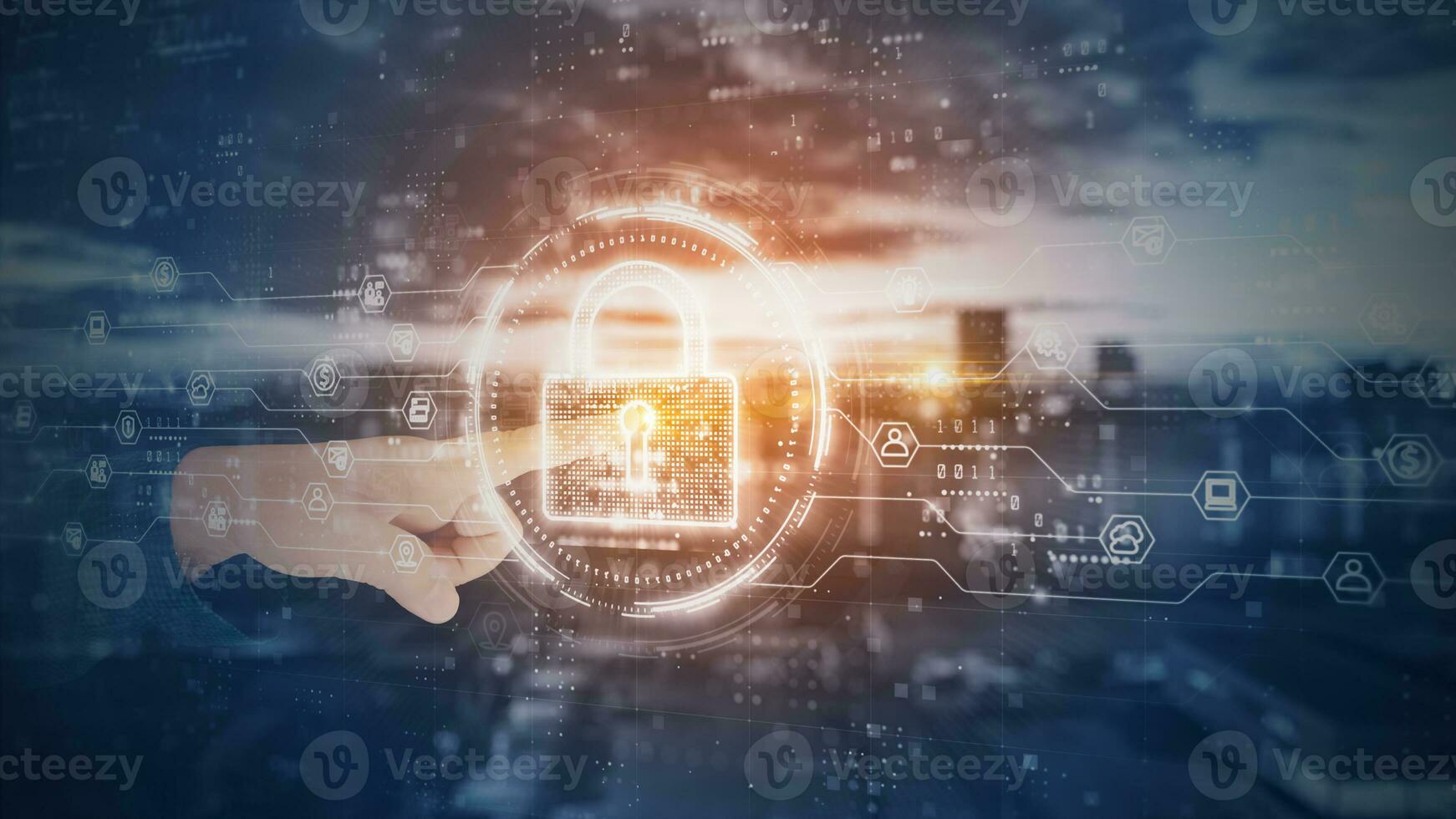 Hands touch Padlock of Cyber Security Digital Data, Technology Global Network Digital Data Protection, Future Background Concept. 3D Rendering photo