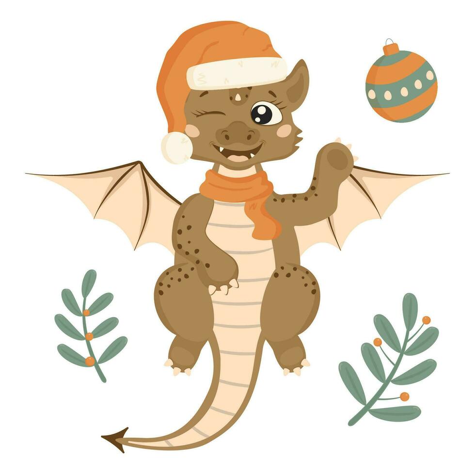 New Year's set in cartoon style. A cute dragon in a Santa Claus hat and a warm scarf, a Christmas ball, plants. vector