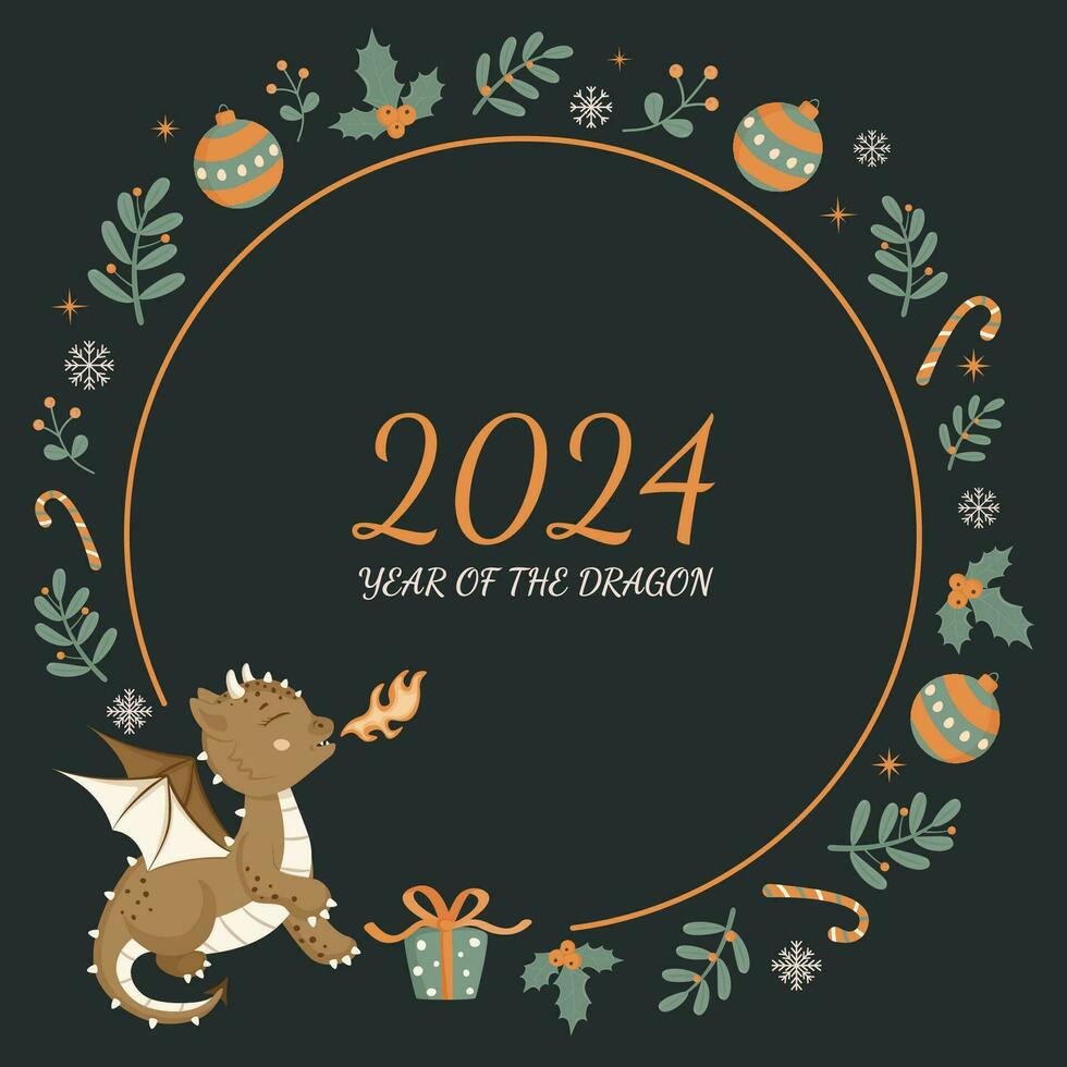 Christmas card in cartoon style. A fire-breathing fairy-tale dragon. A little dinosaur. vector