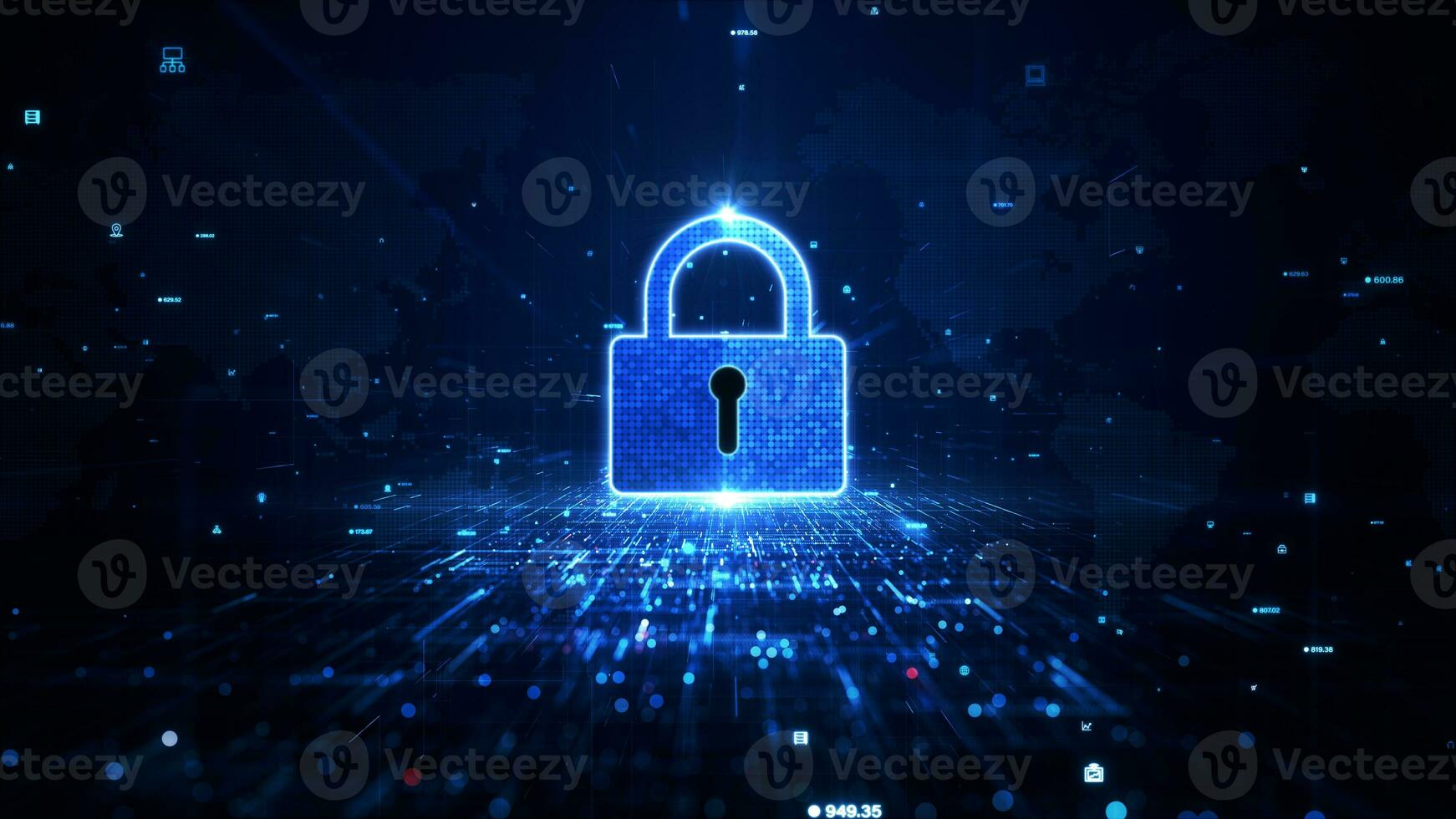Blue Padlock Icon Cyber Security of Digital Data Network Protection, Secure Technology Blockchain Data Network Connectivity Background, And Secure Information for Privacy. 3D rendering photo
