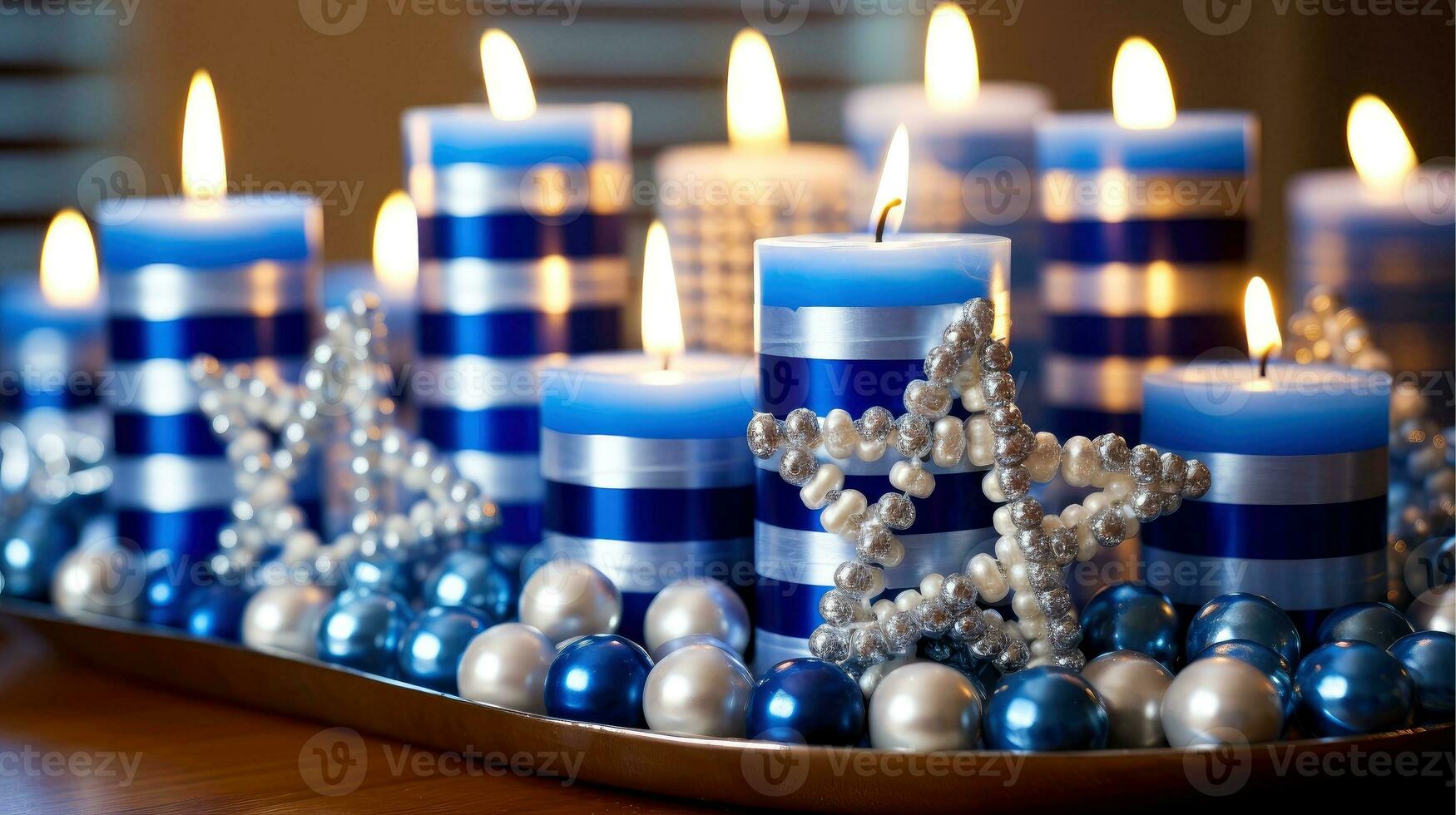 Hanukkah festive celebration concept, glow of the menorah with shining candles and star, Generative AI illustration photo