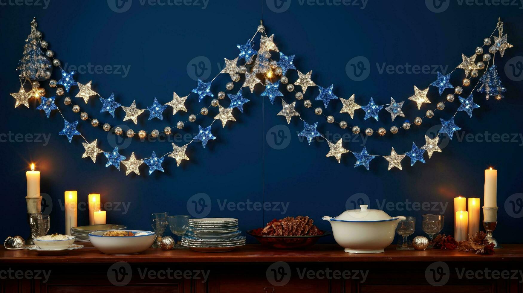 Hanukkah festive celebration concept, glow of the menorah with shining candles and star, Generative AI illustration photo