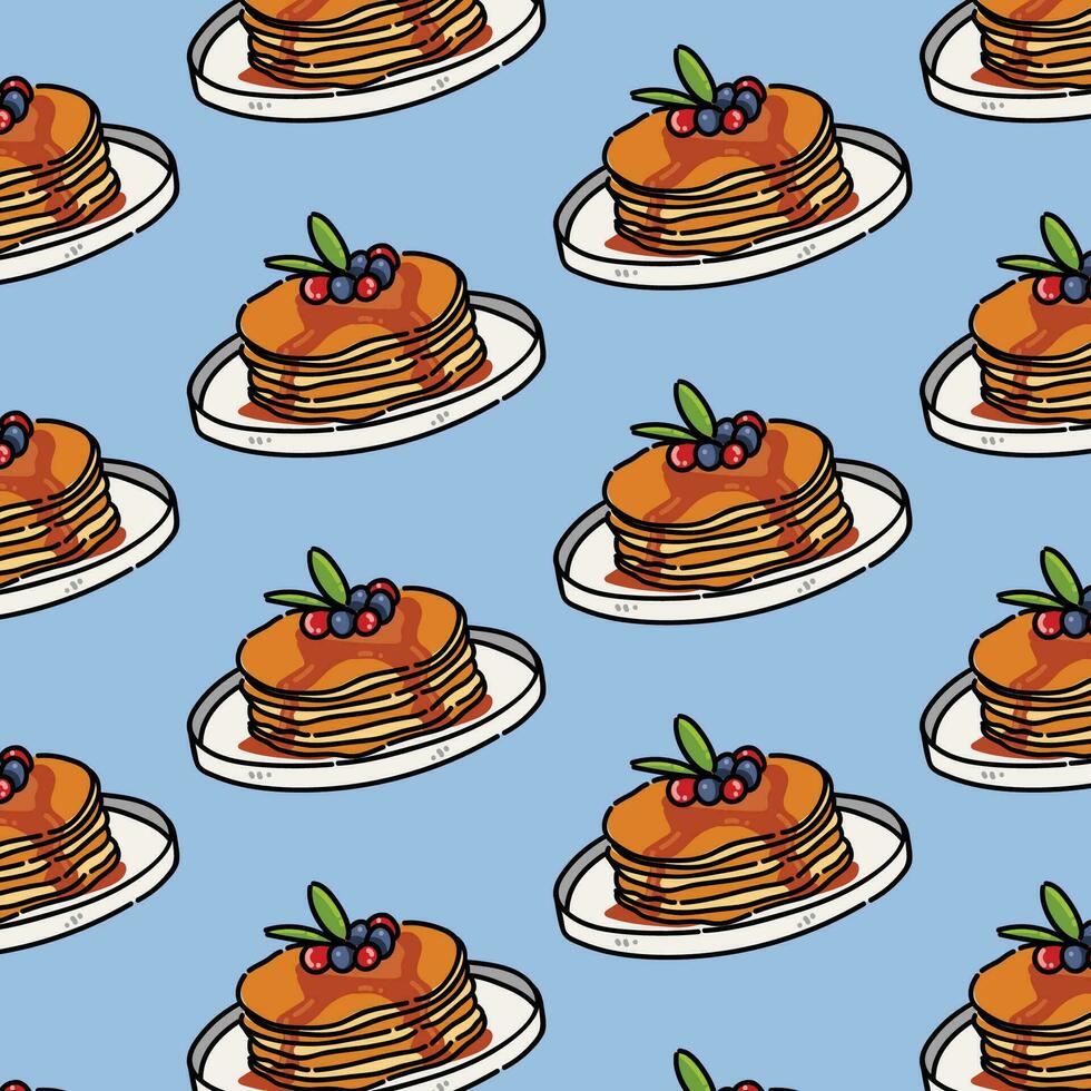 Pattern of pancakes with butter, berries and maple syrup sweet on a white plate and blue background vector