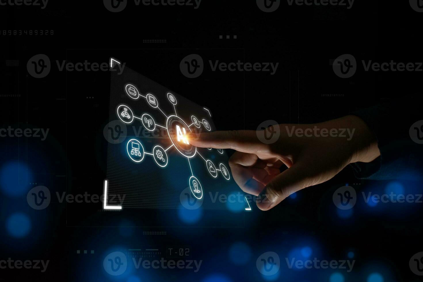 Businessman touches Artificial Intelligence AI Concept. Futuristic Technology Digital Data Analysis. Big Data Transmission Connection Abstract Background photo