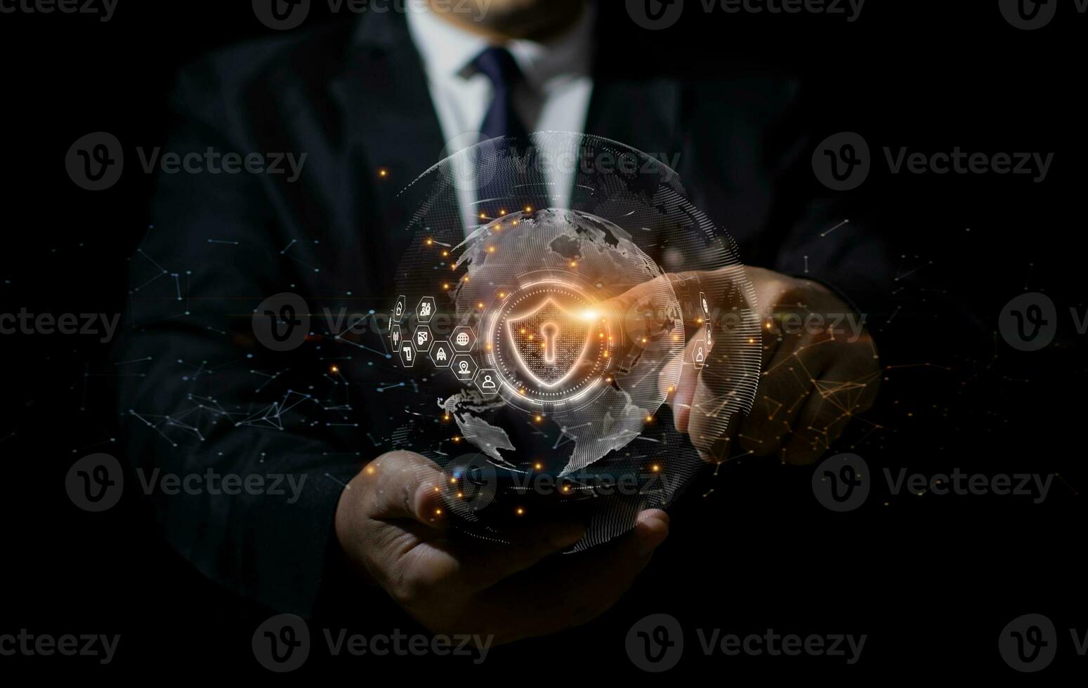 Double exposure of  Businessman touches shield Icon and HUD of cyber security Digital Data Network Protection, Technology global network big data analysis background concept photo