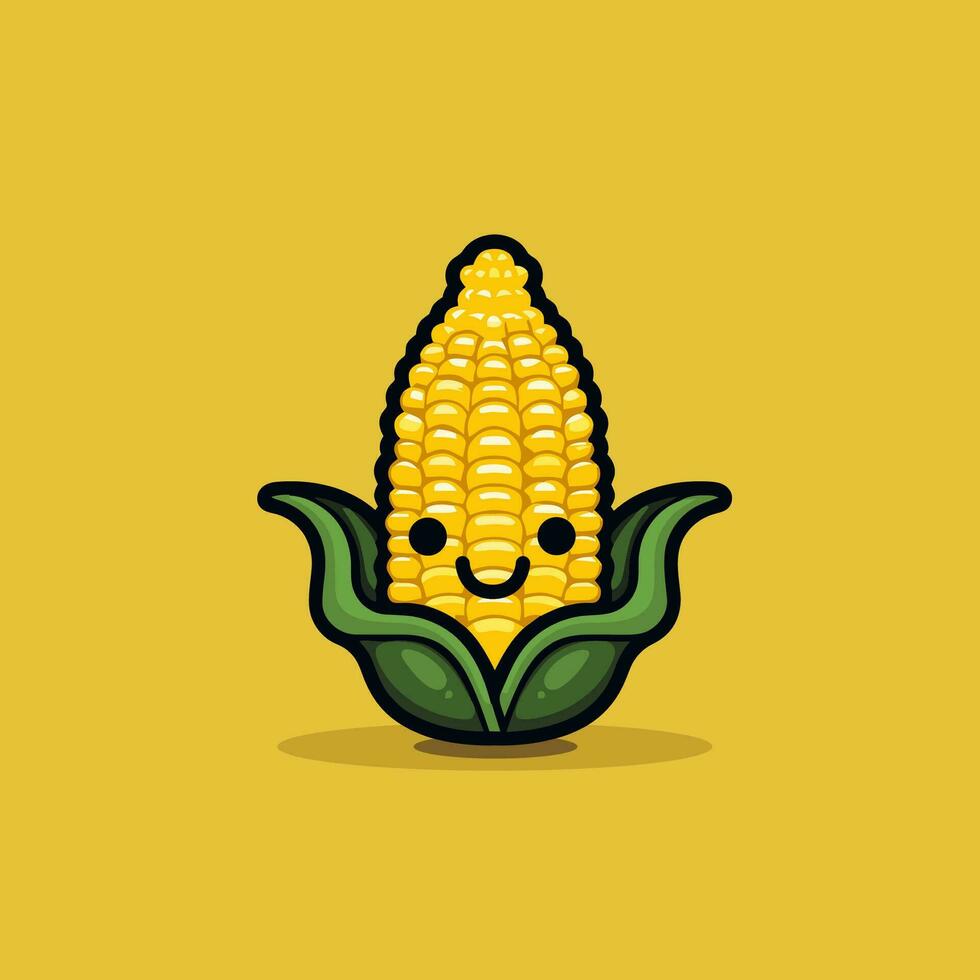 Cute cartoon corn character isolated on yellow background. Vector illustration.