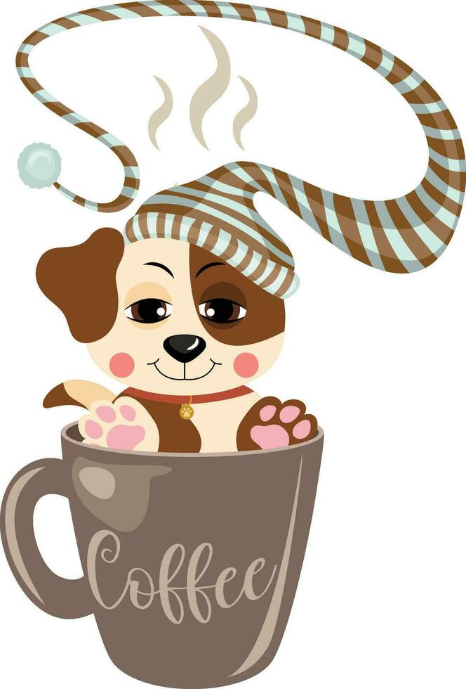 Sleepy dog with hat in coffee mug vector