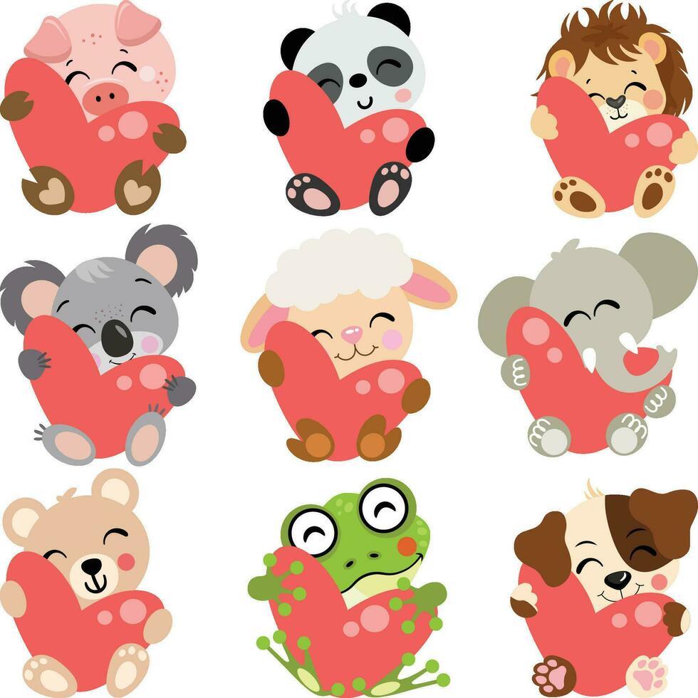 Set of cute animals sitting holding a big heart vector