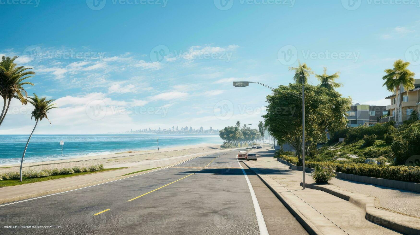 Empty asphalt road beside the sea background, highway beside the sea, outdoors horizontal image, Generative AI illustration photo